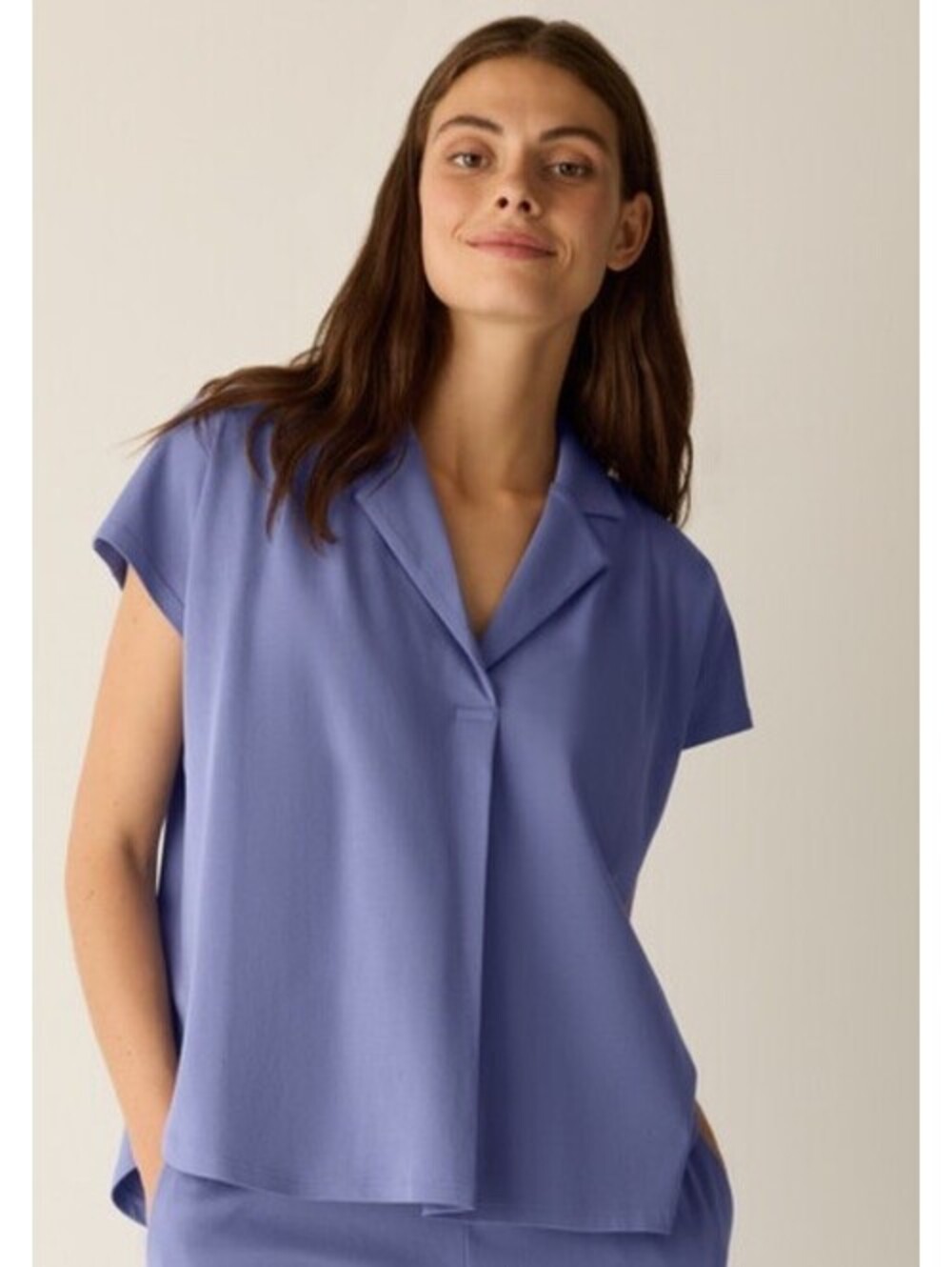 Eileen Fisher Notch Collar Shirt Blue Short Sleeve V Neck Cotton Sz. S